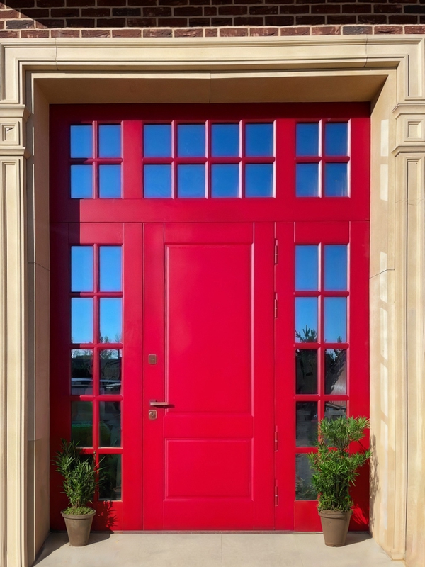 Парадная красная дверь с остеклением Парадная красная дверь с остеклением