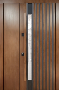 Полуторастворчатая уличная термодверь с узким стеклом, бугельной ручкой и скрытыми петлями (отделка МДФ шпон) Полуторастворчатая уличная термодверь с узким стеклом, бугельной ручкой и скрытыми петлями (отделка МДФ шпон)