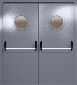 Противопожарная двупольная дверь ei-60 с круглыми стеклами и ручками «антипаника» (серо-голубая) Противопожарная двупольная дверь ei-60 с круглыми стеклами и ручками «антипаника» (серо-голубая)