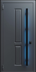 Входная дверь с металлофиленкой, длинной ручкой с подсветкой и темно-серым порошковым окрашиванием RAL 7021 (тип №11) Входная дверь с металлофиленкой, длинной ручкой с подсветкой и темно-серым порошковым окрашиванием RAL 7021 (тип №11)