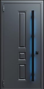 Входная дверь с металлофиленкой, длинной ручкой с подсветкой и темно-серым порошковым окрашиванием RAL 7021 (тип №12) Входная дверь с металлофиленкой, длинной ручкой с подсветкой и темно-серым порошковым окрашиванием RAL 7021 (тип №12)