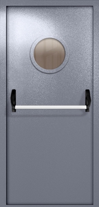Противопожарная однопольная дверь ei-60 с круглым стеклом и ручкой «антипаника» (серо-голубая) Противопожарная однопольная дверь ei-60 с круглым стеклом и ручкой «антипаника» (серо-голубая)
