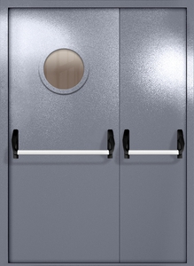 Противопожарная полуторапольная дверь ei-60 с круглым стеклом и ручками «антипаника» (серо-голубая) Противопожарная полуторапольная дверь ei-60 с круглым стеклом и ручками «антипаника» (серо-голубая)